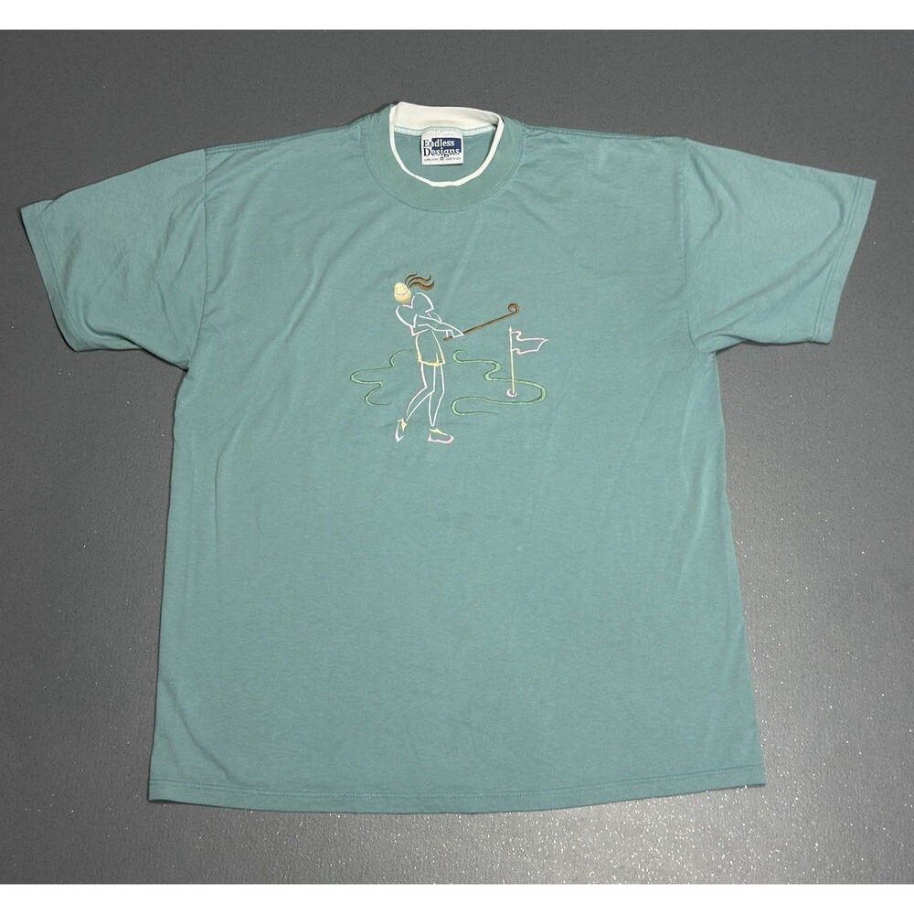 Vintage 90s Endless Designs Women Golf Embroidered Tee XL Sage Green Made USA